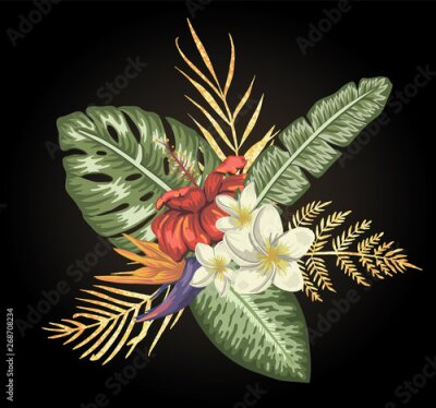 Papier peint  Vector tropical composition of hibiscus,  plumeria,  and strelitzia flowers with golden textured leaves  isolated on white background. Bright realistic watercolor style exotic design elements.