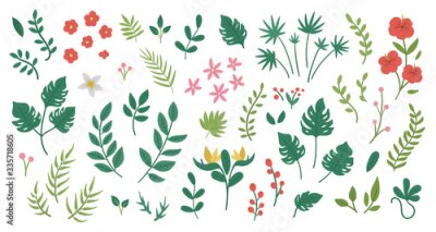 Papier peint  Vector tropical flowers leaves and twigs clip art. Jungle foliage and florals illustration. Hand drawn flat exotic plants isolated on white background. Bright childish summer greenery picture..
