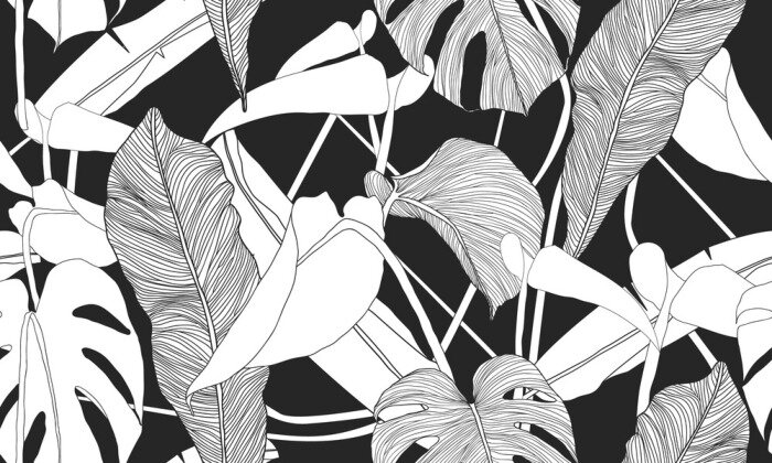 Papier peint  Vector tropical seamless pattern. Exotic plants on black background. Abstract floral seamless pattern. Textile print.