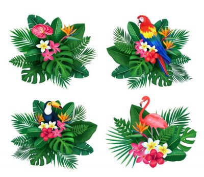 Papier peint  Vector tropical set of summertime design illustrations for ad with jungle birds, strelitzia, plumeria, palm, monstera.