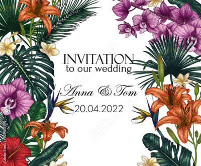 Papier peint  Vector wedding invitation template with exotic plants. Graphic colored tropical flowers and leaves. Monstera, plumeria, orchid, palm and banana leaves, hibiscus, aralia, tiger lily, strelitzia
