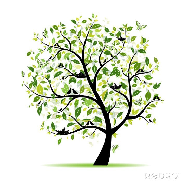 Papier peint  vert arbre de printemps avec des oiseaux pour votre conception