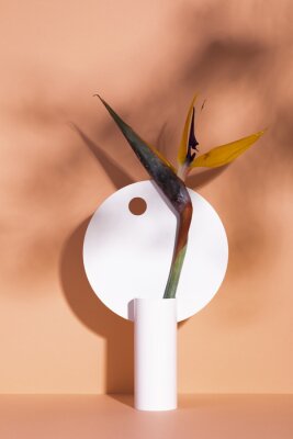 Papier peint  Vertical shot of a composition with a decorative vase and a strelitzia flower