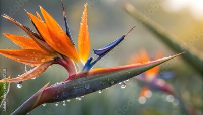 Papier peint  Vibrant bird of paradise flower with morning dew drops
