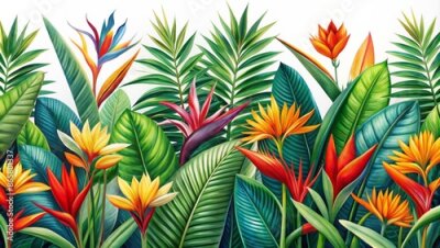 Papier peint  Vibrant, colorful, exotic seamless border featuring tropical palm leaves, heliconia, and strelitzia flowers in a lush, serene, natural environment.