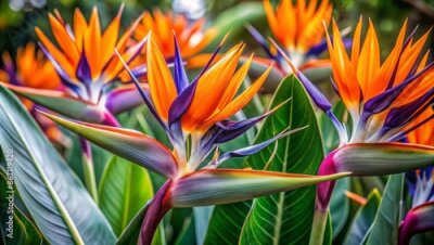 Papier peint  Vibrant exotic orange and purple strelitzia blooms with intricate details and lush green foliage against a soft white background.