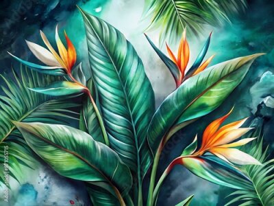 Papier peint  Vibrant green strelitzia flowers and palm leaves swirl in a seamless 3D vintage illustration on a dark background, evoking luxury and sophistication for premium textiles and decals.