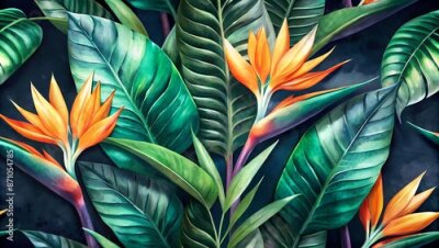 Papier peint  Vibrant green tropical strelitzia flowers and palm leaves swaying in a seamless pattern on a dark background in a stunning 3d vintage illustration with premium texture.