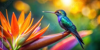 Papier peint  Vibrant hummingbird perched on Strelitzia flower petals, its iridescent feathers glistening in sunlight, as it sips nectar from the bloom's central cluster, tropical flowers, wildlife photography
