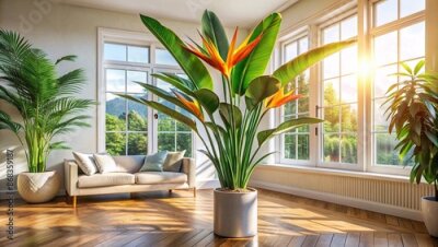 Papier peint  Vibrant living room interior with giant white bird of paradise, strelitzia nicolai, potted plant, natural light, wooden floor, and ample copy space, perfect for home decor ads.