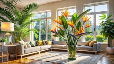 Papier peint  Vibrant living room with abundant natural light features a giant strelitzia nicolai, also known as white bird of paradise, surrounded by minimalist decor and ample copy space.