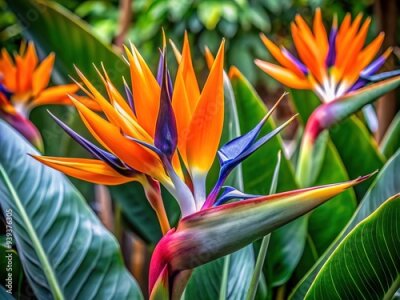 Papier peint  Vibrant orange and purple blooms of Strelitzia reginae, a South African native, unfurl from lush green leaves, showcasing exotic beauty and intricate flower structure.