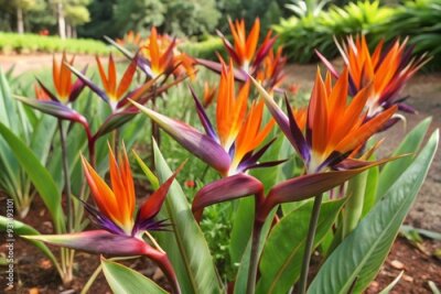 Papier peint  Vibrant orange and purple strelitzia blooms sway gently in a serene flower garden, surrounded by lush greenery, with ample copy space for text or design elements.