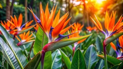 Papier peint  Vibrant orange and purple Strelitzia flowers bloom amidst lush green foliage in a bright and airy tropical garden setting.