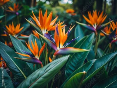 Papier peint  Vibrant orange and purple strelitzia flowers bloom in a lush flower garden, surrounded by lush greenery, with ample copy space for text, perfect for decorative designs.