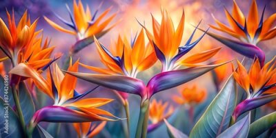 Papier peint  Vibrant orange and purple Strelitzia flowers blur into a soft, dreamy abstract background, creating a swirling kaleidoscope of color and gentle, romantic texture.