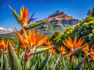 Papier peint  Vibrant orange and purple Strelitzia reginae blooms against a serene hill backdrop and clear blue sky in South Africa's lush flora.