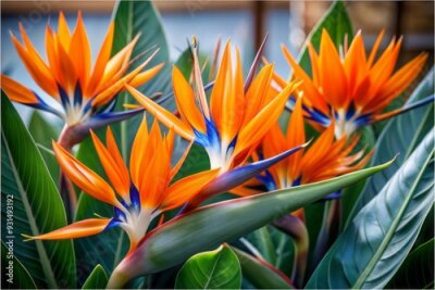 Papier peint  Vibrant orange Strelitzia Reginae tropical flowers with delicate petals and striking blue centers, isolated on a transparent background, perfect for graphic designs and botany themes.