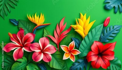 Papier peint  Vibrant paper cut tropical leaves & flowers on green  Hibiscus, strelitzia, palm, banana, monstera, borassus,  bloom,  wallpaper