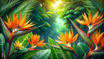 Papier peint  Vibrant Paradise: A Strelitzia and Tropical Leaf Banner  Generative AI