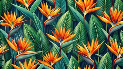 Papier peint  Vibrant seamless pattern featuring stunning strelitzia flowers with bright orange beaks and lush green leaves on a bold exotic background perfect for design.