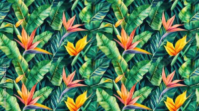 Papier peint  Vibrant seamless pattern of watercolor tropical jungle flowers and leaves featuring strelitzia ideal for fabric design and home decor