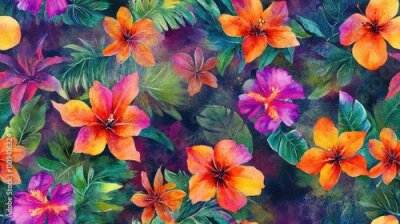 Papier peint  Vibrant seamless pattern of watercolor tropical jungle flowers and strelitzia leaves with mottled tie dye effects perfect for fabric designs and nature themed decor