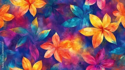 Papier peint  Vibrant seamless pattern of watercolor tropical jungle flowers and strelitzia leaves with mottled tie dye effects perfect for fabric designs and nature themed decor