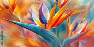 Papier peint  Vibrant spring gardens showcase a variety of blooming strelitzia flowers, creating a stunning flower garden. These artistic photos of strelitzia flowers serve as beautiful wall decorations.