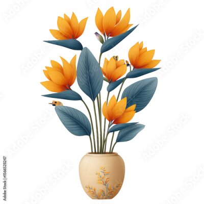 Papier peint  Vibrant Strelitzia Blooms in Topaz Pot Displaying Lush Green Leaves for Elegant Home Decor Accents