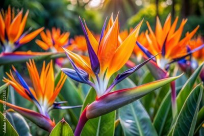 Papier peint  Vibrant strelitzia flowers bloom in a lush garden, their exotic orange and purple petals unfolding like birds in flight, surrounding a generous area of clean copy space.