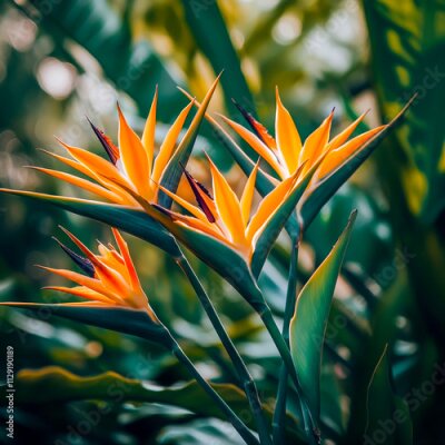 Papier peint  Vibrant strelitzia flowers flourishing in a decorative flower garden, showcasing stunning floral photography of fresh strelitzia blooms, complete with ample copy space for personalized text