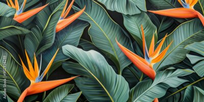 Papier peint  Vibrant strelitzia leaves, detailed tropical foliage with green and orange hues in natural pattern.