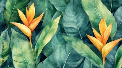 Papier peint  Vibrant Strelitzia Leaves: Tropical Watercolor Digital Paper Seamless Pattern