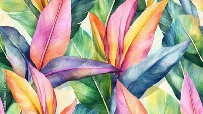 Papier peint  Vibrant Strelitzia Leaves Tropical Watercolor Seamless Pattern on Digital Paper Background - Botanical Illustration