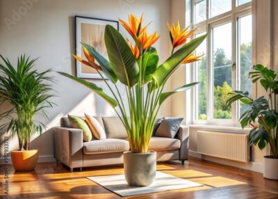 Papier peint  Vibrant strelitzia nicolai plant stands tall in a stylish living room bathed in warm sunlight, surrounded by neutral tones and ample negative space for text or design.