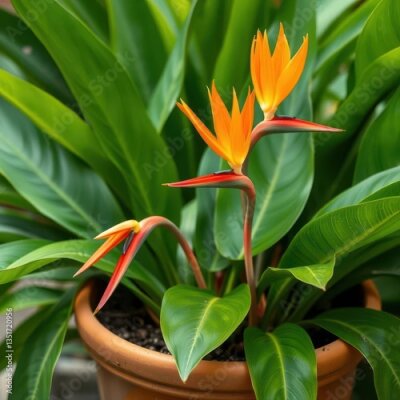 Papier peint  Vibrant Strelitzia reginae in terracotta pot, lush green foliage, gardening, bloom, flower