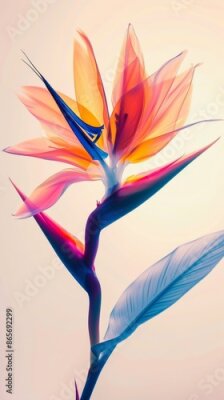 Papier peint  Vibrant Transparent Bird of Paradise Strelitzia flower in X-ray Artistic Style on Warm Orange Pastel Background.