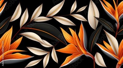 Papier peint  Vibrant tropical flowers seamless pattern with a handdrawn vintage style, featuring premium golden Strelitzia blooms on a dark background.
