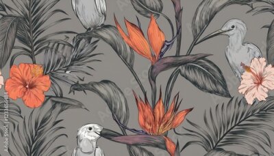 Papier peint  Vibrant Tropical Oasis Exotic Bird Amidst Strelitzia, Hibiscus, and Palm Leaves in a Grey Seamless Pattern, Capturing the Essence of Exotic Floral Paradise