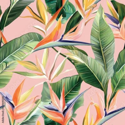 Papier peint  Vibrant watercolor design showcasing strelitzia reginae leaves and flowers against a soft pink backdrop