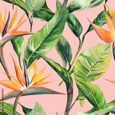 Papier peint  Vibrant watercolor design showcasing strelitzia reginae leaves and flowers against a soft pink backdrop