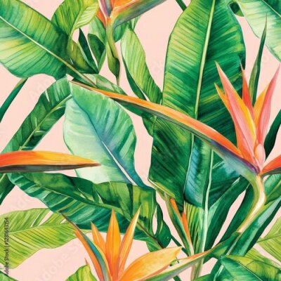 Papier peint  Vibrant watercolor design showcasing strelitzia reginae leaves and flowers against a soft pink backdrop