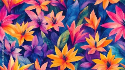 Papier peint  Vibrant watercolor pattern of tropical jungle flowers and leaves featuring strelitzia blooms ideal for fabric design and home decor