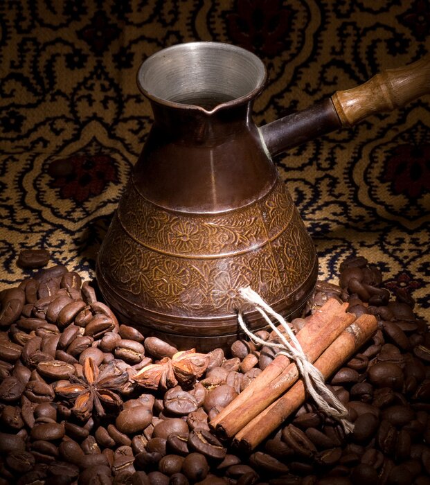 Papier peint  Vieille cafetière et grains de café