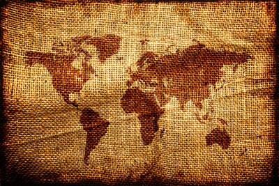 Vieille carte du monde sur hesian sac texture