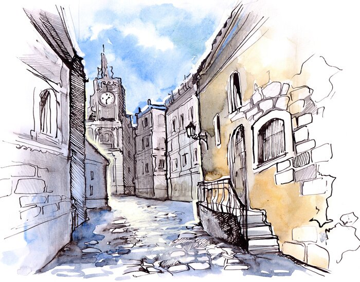 Papier peint  Vieille ville à Londres peinte à l'aquarelle