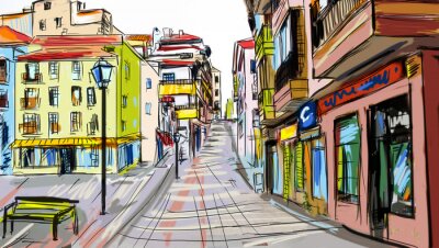 Papier peint  Vieille ville colorée avec des maisons version peinture