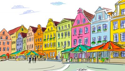 Papier peint  Vieille ville peinte avec des maisons colorées
