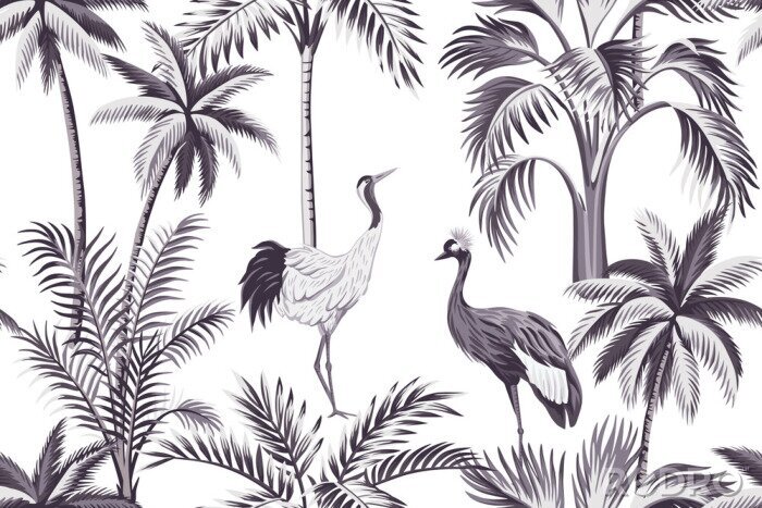 Papier peint  Vieux motif avec palmiers et oiseaux